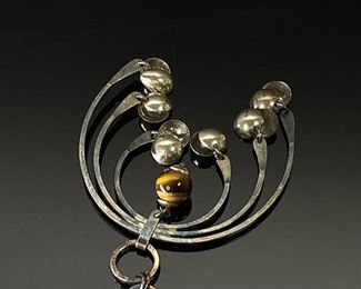 Vintage Sterling Silver Tigers eye Necklace Israel 925 Modernist	25in Long Centerpiece : 57x60mm	
