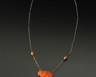 Antique 14k gold Carved Coral floral Pendant Necklace	16in Long Centerpiece: 28x10mm	
