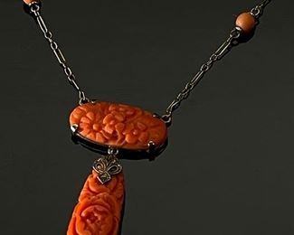 Antique 14k gold Carved Coral floral Pendant Necklace	16in Long Centerpiece: 28x10mm	

