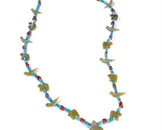 Vintage Zuni Fetish Bird & Turtle Necklace Turquoise Coral Heishi Native American Heishe	27in long	
