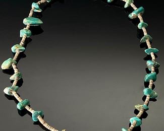 Vintage Native American Turquoise Chunk and Shell Heishi Necklace Native American Heishe	26in	
