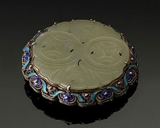 Chinese White Jade Disc Pin Brooch Silver Mount	2.25in Diameter	
