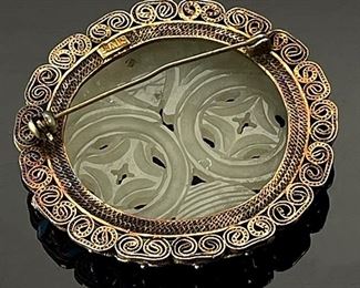 Chinese White Jade Disc Pin Brooch Silver Mount	2.25in Diameter	
