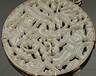 Chinese White Jade Disc Pendant Gold mount	2.25in Diameter	
