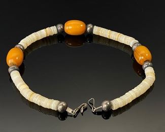 Native American Amber Bead Shell Heishi Necklace	15in Long  AMBER BEAD: 21X15mm	
