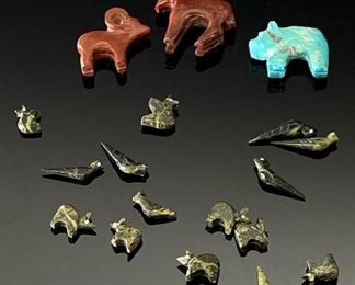 Lot of 20 Native American Hand Carved Fetishes Bird Bear Ram	Largest: 38x35x9mm	
