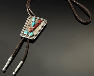 AS-IS Vintage Native American Turquoise Coral & Silver Bolo Tie	Centerpiece: 2.5x1.75in	

