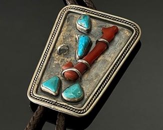 AS-IS Vintage Native American Turquoise Coral & Silver Bolo Tie	Centerpiece: 2.5x1.75in	
