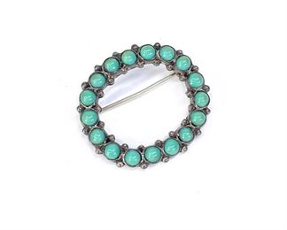 Vintage Sterling Silver Mexico Circle Brooch Turquoise Petit Point Pin	33x30mm	
