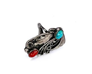 Vintage Native American Turquoise, Coral & Silver Ring Size 6	Size: 6	
