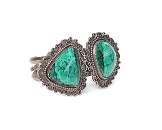 Handmade Malachite and Silver Cuff Bracelet	Size: 6.75 Centerston: 32x28mm	
