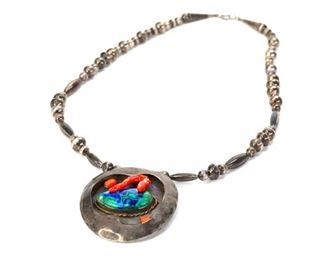 Native American Silver Beaded Necklace Coral Malachite	24.5in Long Centerpiece: 3x2.5in	
