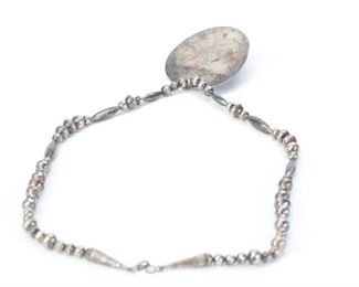 Native American Silver Beaded Necklace Coral Malachite	24.5in Long Centerpiece: 3x2.5in	
