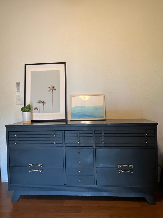 Blue grey mid-century modern dresser with original handles. Well made, built to last. Plenty of storage! Great as a dresser or buffet.