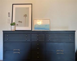 Blue grey mid-century modern dresser with original handles. Well made, built to last. Plenty of storage! Great as a dresser or buffet.
