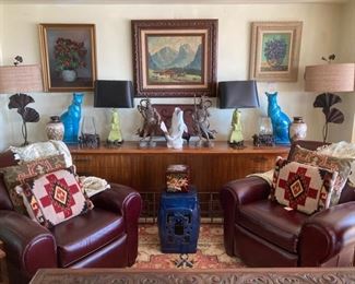 Framed Art, Leather Comfy Chairs, Sculptures, Pillows, Lamps, Carpet
