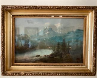 Landscape, Oil on Board, under Glass in Vintage Frame