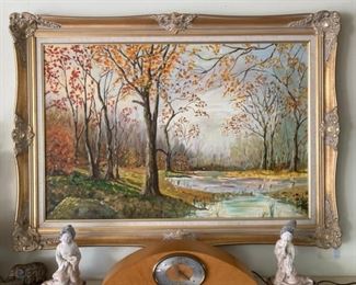Framed Landscape, Vintage Clock, Figurines