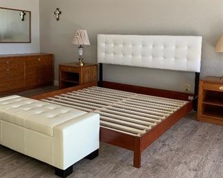 Teak Bedroom: Bed Frame w Upholstered Headboard, 2 Nightstands, Dresser, Mirror and Gentleman's Chest