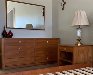Captain Line Teak Bedroom: Bed Frame w Upholstered Headboard, 2 Nightstands, Dresser, Mirror and Gentleman's Chest
