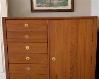 Captain Line Bedroom: Bed Frame w Upholstered Headboard, 2 Nightstands, Dresser, Mirror and Gentleman's Chest