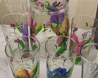 Hand Painted Pitcher and Glass Set