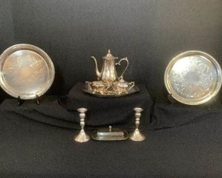 Silver Tea Set And Serving Platters
