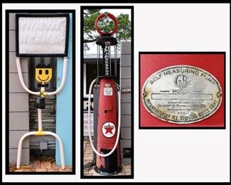Smiley Faced Sign Holder and Antique Texaco Gas Pump made by Gilbert and Barker Mfg Co