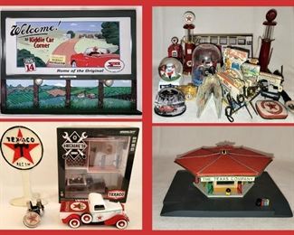 Hallmark Roadside Sign,  Smalls including a Really Cool Fold Out Book, Texaco Items and The Texaco Company Gas Station 