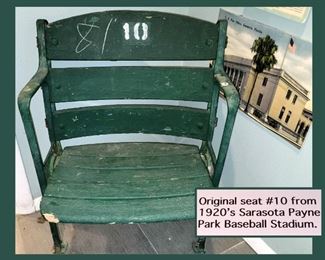 Original Seat #10 from 1920s Sarasota Payne Park Baseball Stadium; there is quite a lot of Sarasota Memorabilia Available as well! 