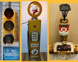 Stop Light,  Really Cool Tall Texaco Fire Chief Lamp in Working Order, and Unusual Lantern with Parts and Pieces 
