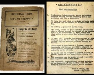 We have a Large Collection of Sarasota Memorabilia; Many Ephemeral Items in varying degrees of condition. Here is a Building Code Pamphlet from 1926 and a Guest Ledger from the Old Sarasota Poinsettia Hotel showing the Hotel Rules 