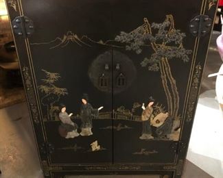 Asian Coromandel Cabinet 24" X 12" d X 36" inch high with carved stone Japanese women &  floral - bird sides
