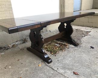 Large trestle base panel Maple? table shown with the two leaves comes with four matching chairs, one shown in the  next pic 