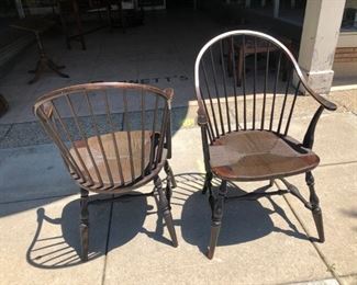 Vintage Windsor back arm chairs with rush seat 