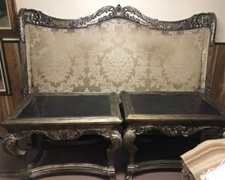 Marge Carson King Upholstered bed with marble top bedside tables 