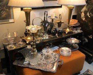 Vintage ottoman in orange billiard cloth, pair of Fredrick Cooper brass lamps, vintage glass Candlewick, Drexel Heritage console table in Coromandel Asian them