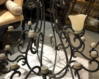 Kalco Manufacture USA iron foyer fixture with glass shades, one shade shown 