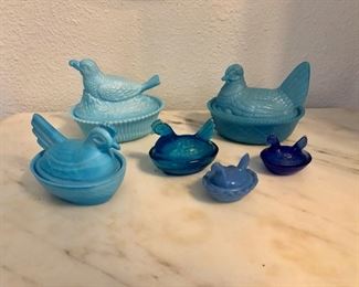 Vintage Blue Hen on Nest Collection, Collection of Vintage Westmoreland Blue Glass Hens On Nest Covered Dish 