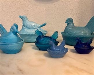 Vintage Blue Hen on Nest Collection, Collection of Vintage Westmoreland Blue Glass Hens On Nest covered Dish 