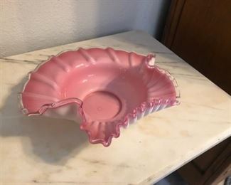 Antique Ruffled Cranberry Art Glass Opaque Bride's Basket Pink White Candy Dish

