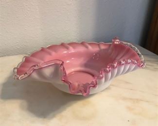  Antique Ruffled Cranberry Art Glass Opaque Bride's Basket Pink White Candy Dish
