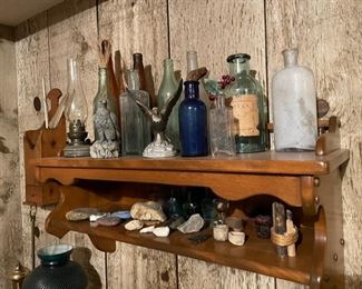 misc glass, oil lamp, home decor, hanging wall shelf