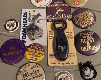 University of Washington Huskies Collection of Buttons and Talking Bottle Opener