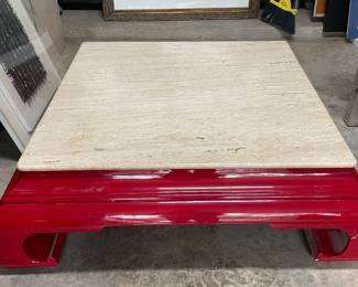 Asian influenced 40x40 coffee table with Travertine top 
