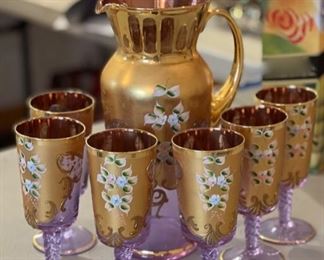 Vintage Bohemian amethyst glass pitcher & six matching glasses 