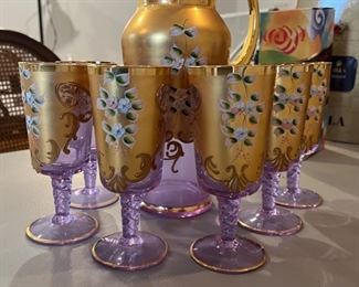 Vintage Bohemian amethyst glass pitcher & six matching glasses 