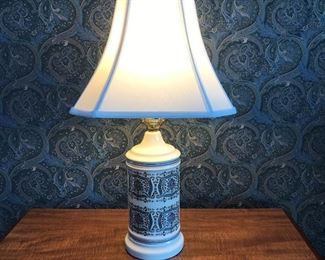 Ceramic Lamp Blue Gold Trim With Floral Pattern