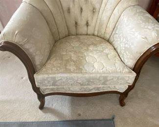 "Vintage Style" Gorgeous for a FAUX Vintage!! Silk Brocade Tufted, Rolled Arms, Hand Carved Mahogany Wing Back Chair. Walter E Smithe