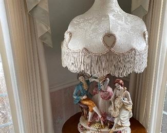 Vintage Capodimonte Figural Musicians, Stamped Italy. Italian Porcelain .Stands 45 inches Tall, with Original Silk Shade ( 2)